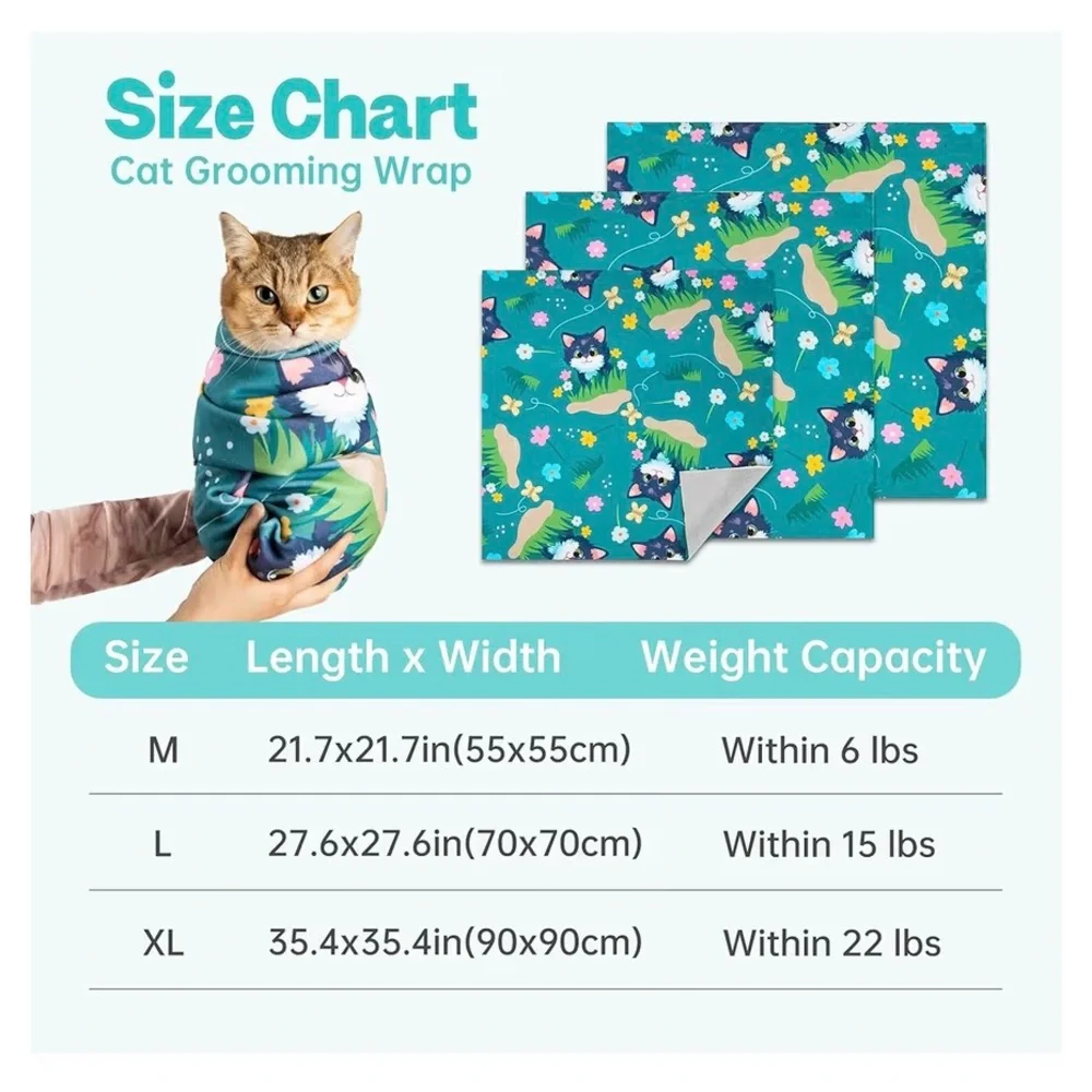 Pet Grooming Swaddle Blanket for Cats - Teal Cat Pattern XL